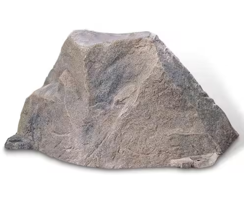 A realistic artificial decorative rock in a mountain-like shape, featuring a textured gray and beige stone surface, isolated on a white background.