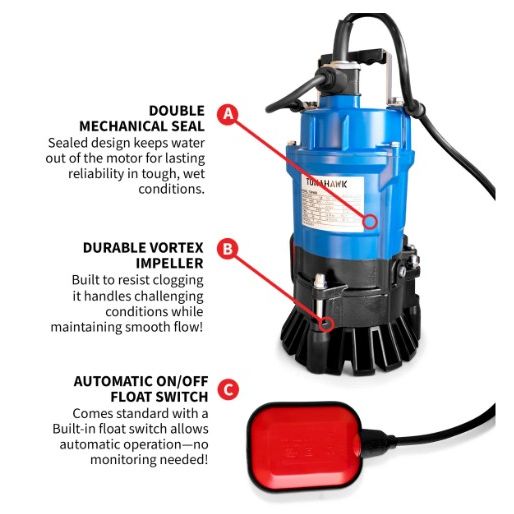 Tomahawk Power TDP400 submersible pump equipment view for flooded basements and pools