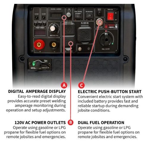 Tomahawk Power TWG145A super quiet welder generator showing controls and exterior details