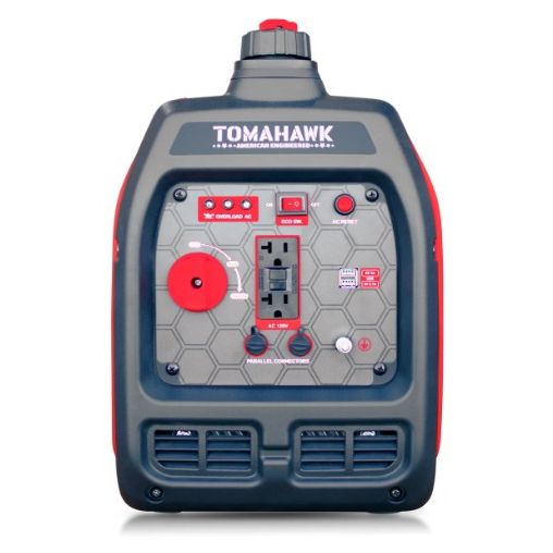 Tomahawk Power TG2000i 2000-watt generator showing housing and power control details