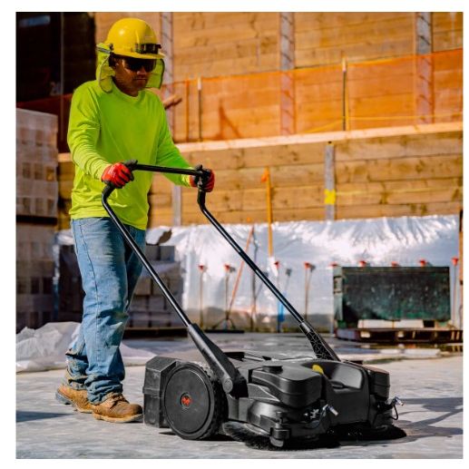 Tomahawk Power eTOS30 electric sweeper showing triple power brooms and control handle