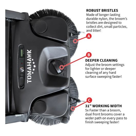 Tomahawk Power eTOS30 battery push sweeper showing bin, wheels, and handle details