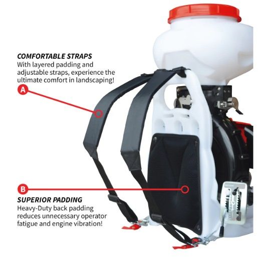 Tomahawk Power TGS30 4-gallon gas spreader product detail with engine and hopper