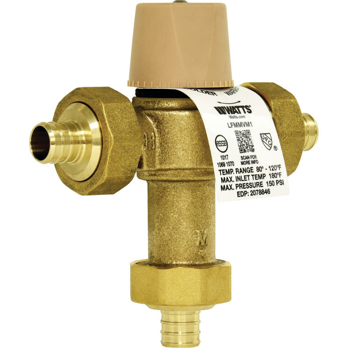 Watts LFMMVM1-PEX 3/4 3/4 IN Lead Free Thermostatic Mixing Valve, Crimp End Connections, Adjustable Out 80-120 F 0559117