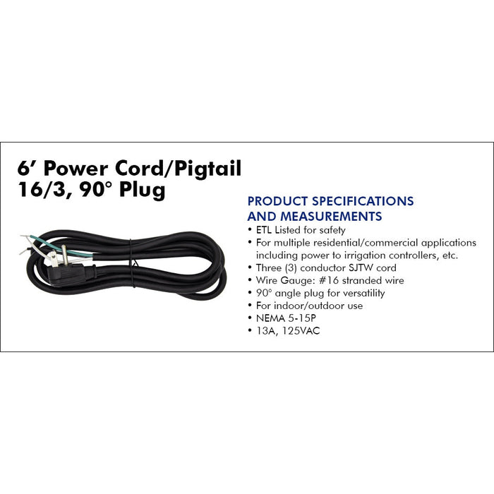 King Innovation - 25260 - 6' Power Cord/Pigtail 16/3, 90°, 1pc. Sleeve