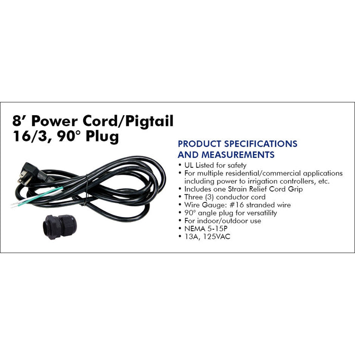 King Innovation 25280 - 8' Power Cord/Pigtail 16/3, 90°, 1pc. Sleeve