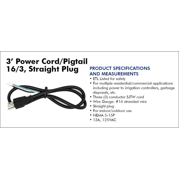 King Innovation - 25281 - 3' Power Cord/Pigtail 16/3, Straight Plug, 1pc. Sleeve
