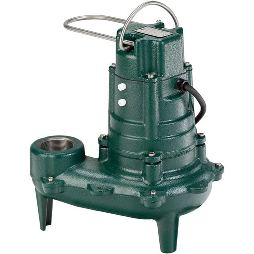 A green and silver Zoeller sewage pump, model 267-0002, with a submersible design and stainless steel components.