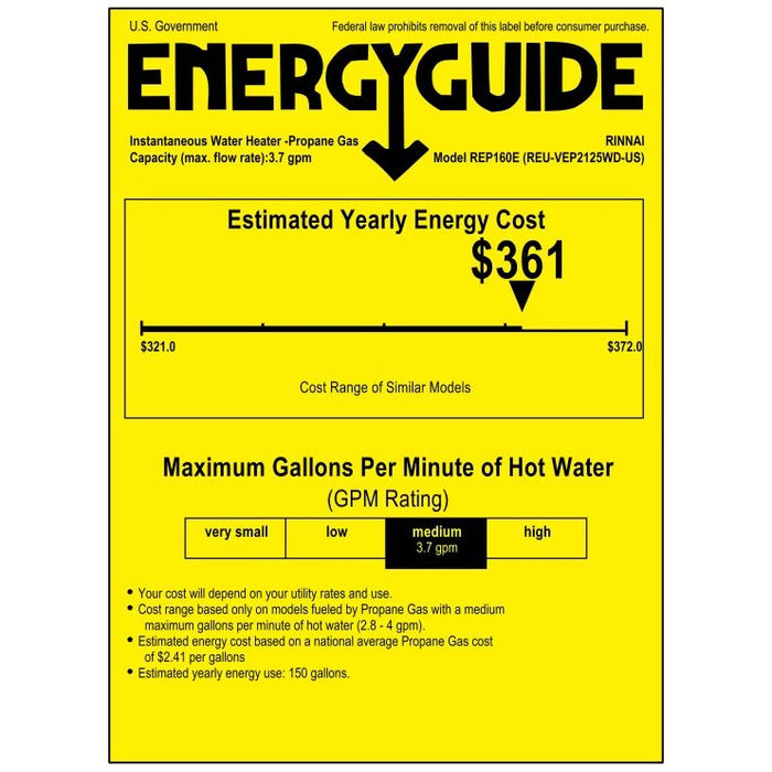 Rinnai REP160eP High Efficiency Non Condensing Tankless Water Heater With Built-in Recirculation Pump.