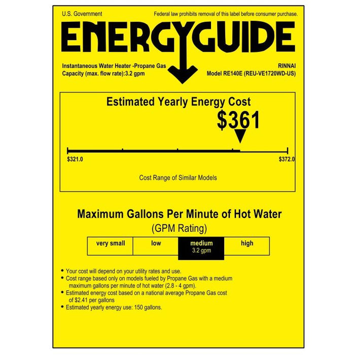 Rinnai RE140eP High Efficiency Non Condensing Outdoor Propane Tankless Water Heater