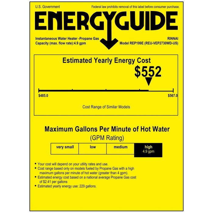 Rinnai REP199eP High Efficiency Non Condensing Propane Tankless Water Heater With Built-in Recirculation Pump