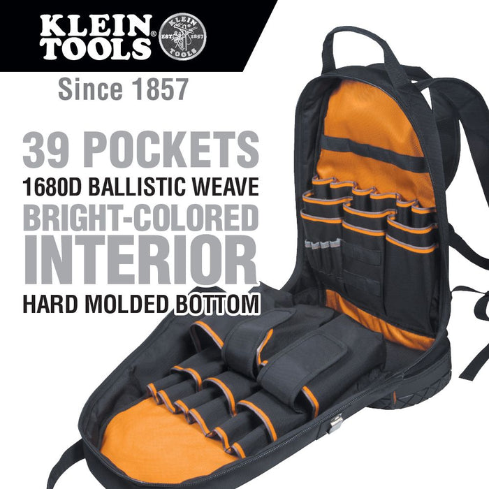 Klein Tools 55421bp-14 Tradesman Pro™ Tool Bag Backpack, 39 Pockets, Black, 14-Inch