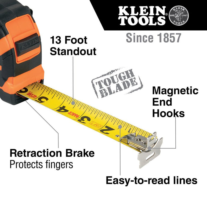 Klein Tools Cinta métrica 9225, cinta métrica resistente con hoja reforzada  de nailon de doble cara de doble gancho de 25 pies, con clip de cinturón