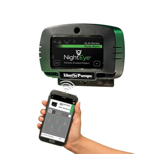 Liberty ALM-2-EYE NightEye® Wireless Pump Alarm with phone showing Wifi App on white background