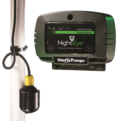 A Liberty Pumps NightEye wireless enabled pump alarm with a black casing and a green label, connected to a sensor float.