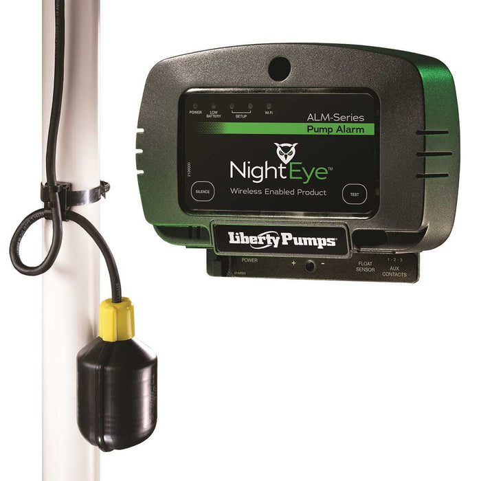 A Liberty Pumps NightEye wireless enabled pump alarm with a black casing and a green label, connected to a sensor float.