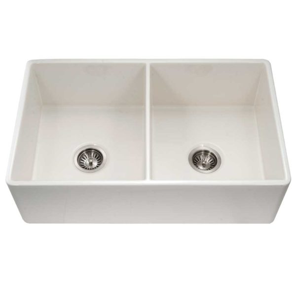 Hamat - CHE-3320DHA-BQ - Apron-Front Fireclay Double Bowl Kitchen Sink, Biscuit