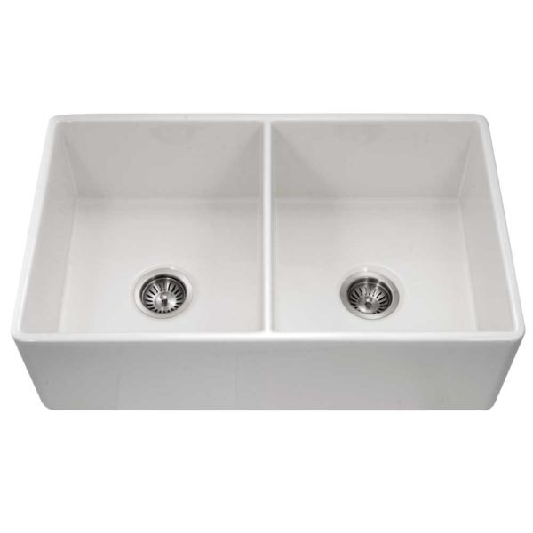 Hamat CHE-3320DHA-WH Fregadero de cocina de arcilla refractaria con delantal frontal, color blanco