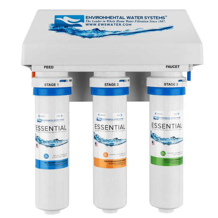 An under-sink 3-stage drinking water filtration system with three cylindrical carbon filters housed in a white cabinet with blue and white labeling.
