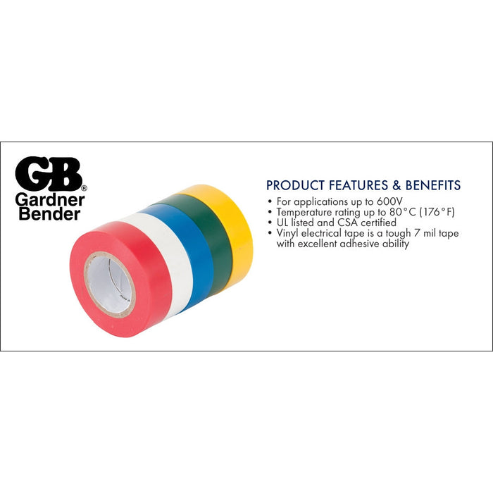 King Innovation - GTPC-550 - Electrical Tape, 1/2" x 20', Assorted Colors- 5 rolls per pack