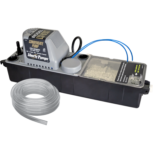 Liberty Pumps condensate pump unit with safety switch and tubing, neutralizing acidic condensate, black and silver color.
