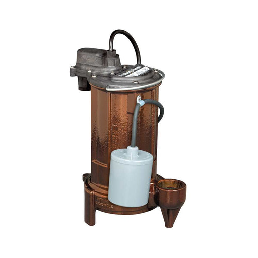 A Liberty Pumps 283 series submersible effluent/sump pump with a wide angle float and a series plug. It has a gray cast iron body and a blue-colored tank.