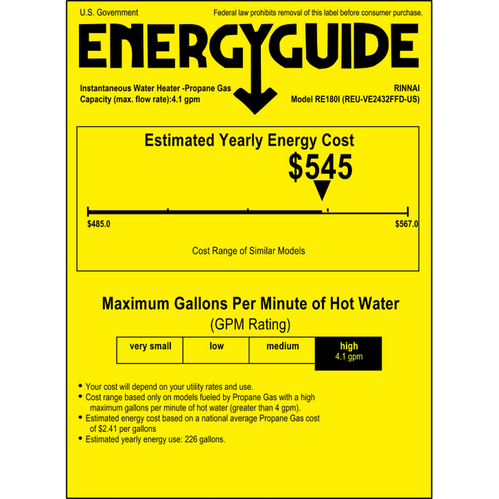 Rinnai RE180iN Natural Gas High Efficiency Non Condensing Tankless Water Heater