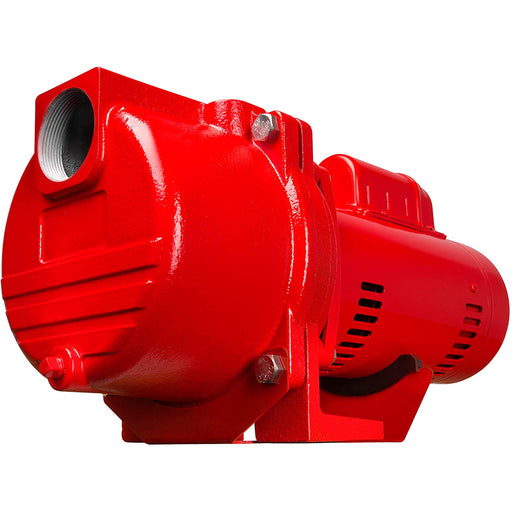 A red self priming sprinkler pump with a cast iron casing.