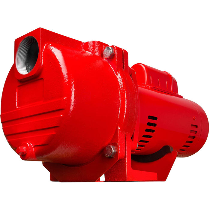 A red self priming sprinkler pump with a cast iron casing.