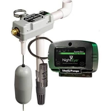 The image shows a water powered sump pump with NIGHTEYE alarm system components, including a grey pump with a white discharge tube and a black and green alarm unit.