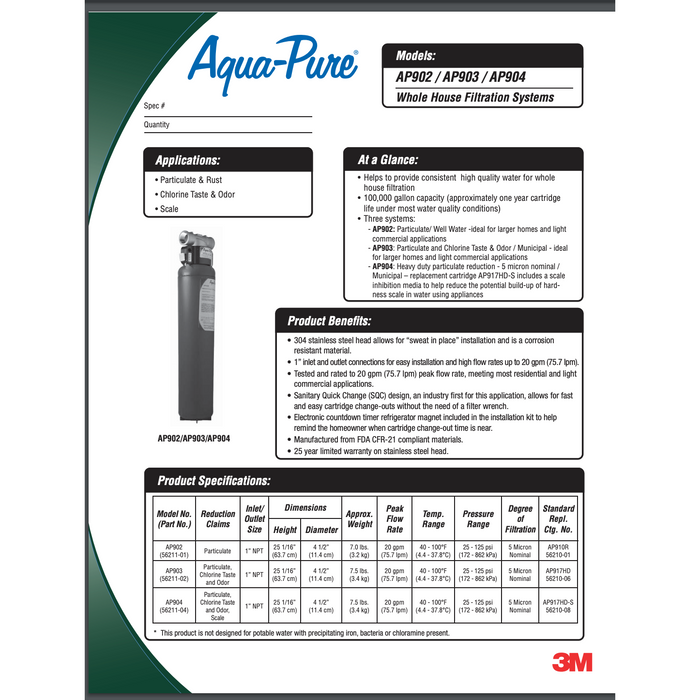 Cartucho de filtro de agua de repuesto de cambio rápido para uso sanitario para toda la casa 3M™ Aqua-Pure™ AP917HD-S, 1 por caja, 5621008 