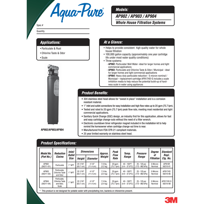 Cartucho de filtro de agua de repuesto de cambio rápido para sanitarios para toda la casa 3M™ Aqua-Pure™ AP910R, 5621001 