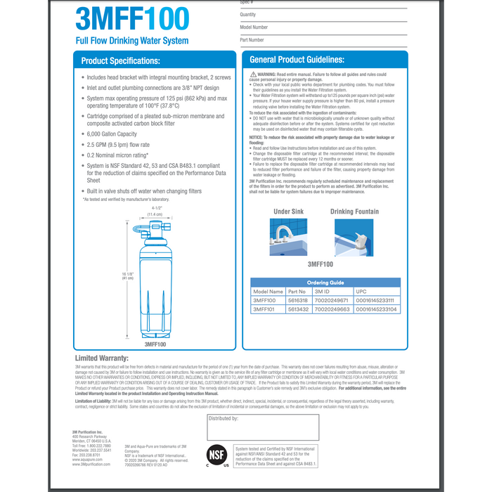 Sistema de filtro de agua de flujo total debajo del fregadero 3M™ 3MFF100, 5616318 