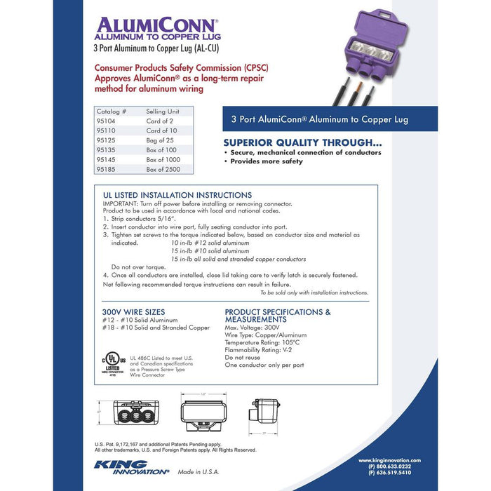 Conectores de cable Al/Cu de 3 puertos AlumiConn de King Innovation (paquete de 1000) 95145