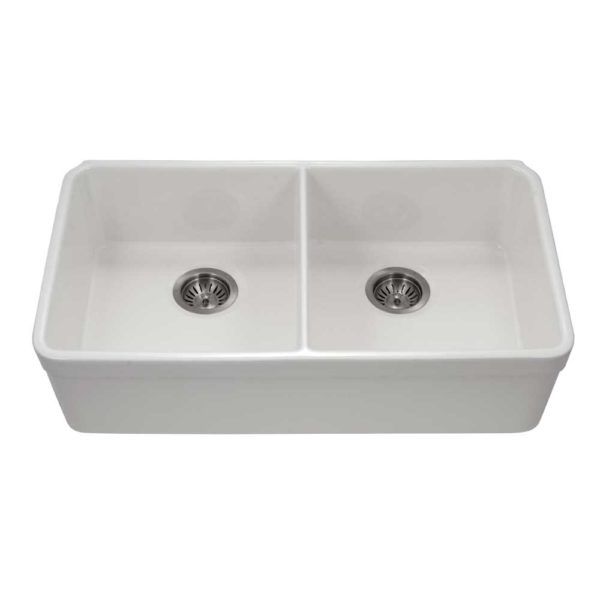 Hamat CHE-3318DHU-WH Fregadero de cocina bajo encimera de arcilla refractaria doble, color blanco 