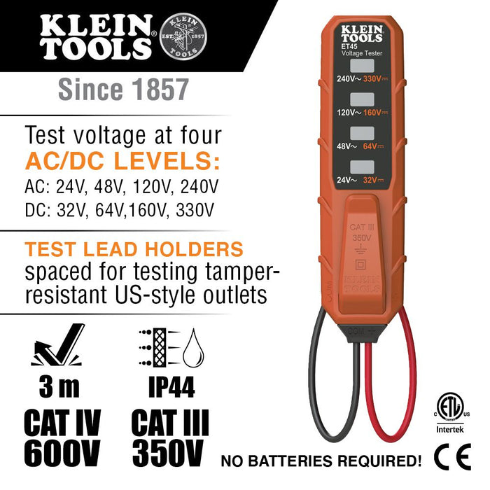 Kit de prueba eléctrica de receptáculos y voltaje CA/CC ET45VP de Klein Tools 