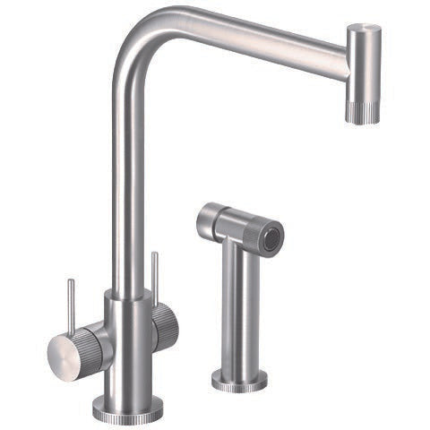 Hamat - KNDH-2000 BSS - Contemporary Dual Kitchen Faucet in Brushed Stainless Steel with sidepray