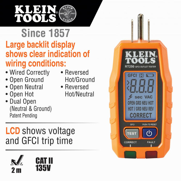 Kit de prueba eléctrica de receptáculo GFCI y voltaje sin contacto premium RT250KIT de Klein Tools 